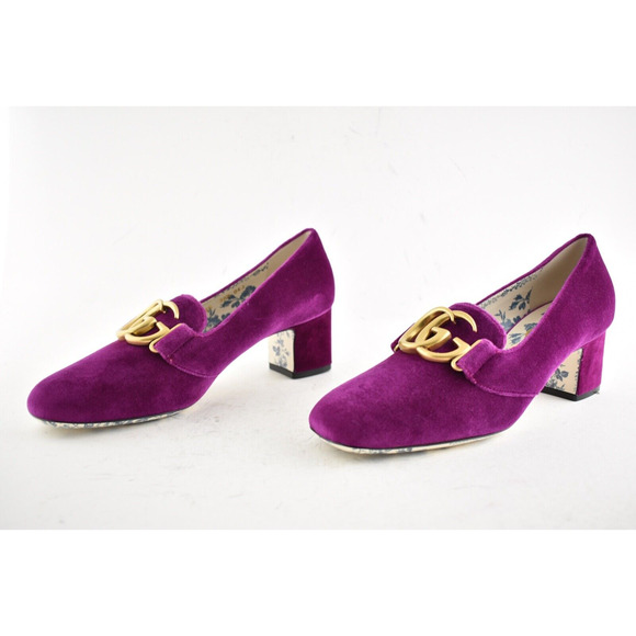 Gucci Victoire Fucsia Velvet Double GG Logo Block Mid Heel Mule Loafer Pump 36.5 - Picture 10 of 13